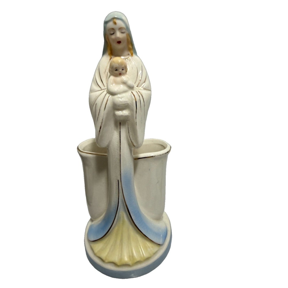 Vtg Ceramic Hand Painted Virgin Mary/Madonna W/Jesus Planter